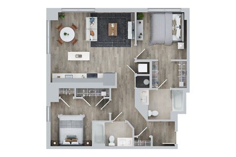 Floor plan for 2 beds, 2 baths, 1020 sqft